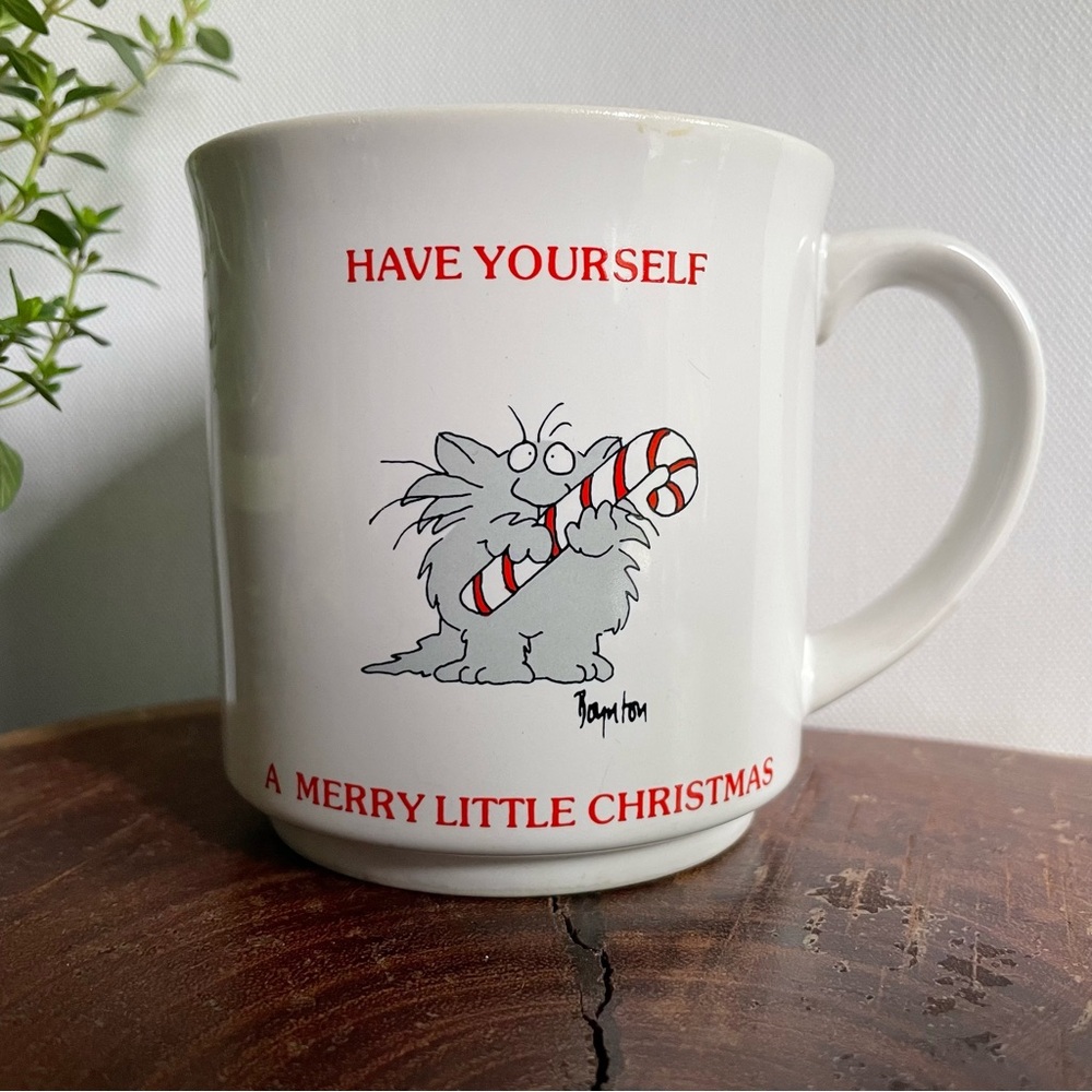 Sandra Boynton coffee mug Merry Christmas Kitty Cat Candy Cane 1980s vintage